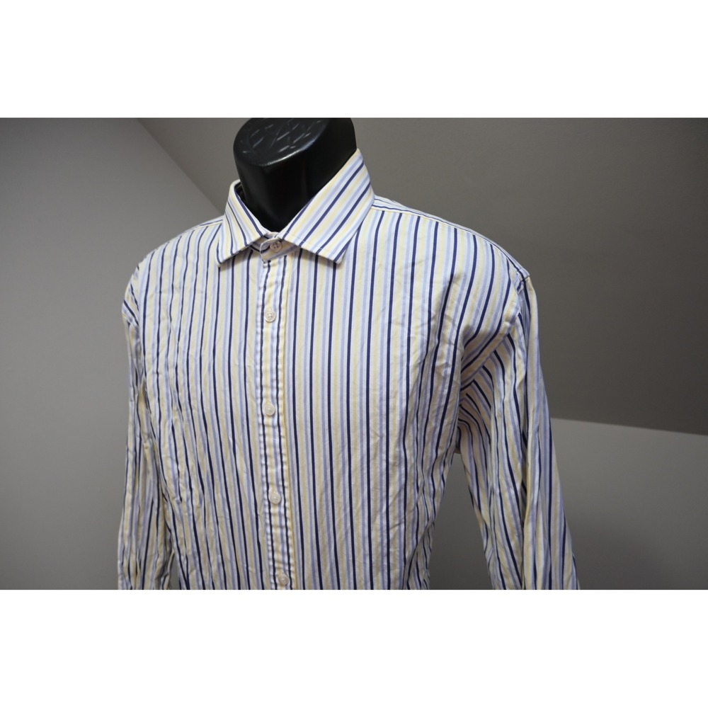 TM Lewin Dress Shirt Mens 17.5-36 XL Blue Yellow Stripe Luxury Slim Fit EUC